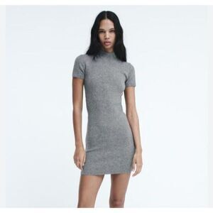 Zara Large Gray Marled Fitted Soft Dress High Collar Pull On Dressy Casual L NEW